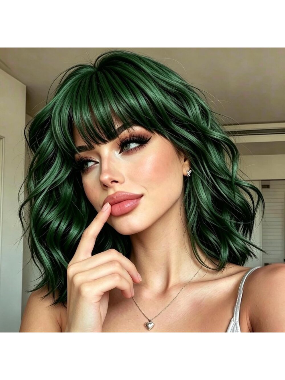 14Inch Women's Green Short Bob Shoulder Length Wavy Synthetic Wigs With Bangs